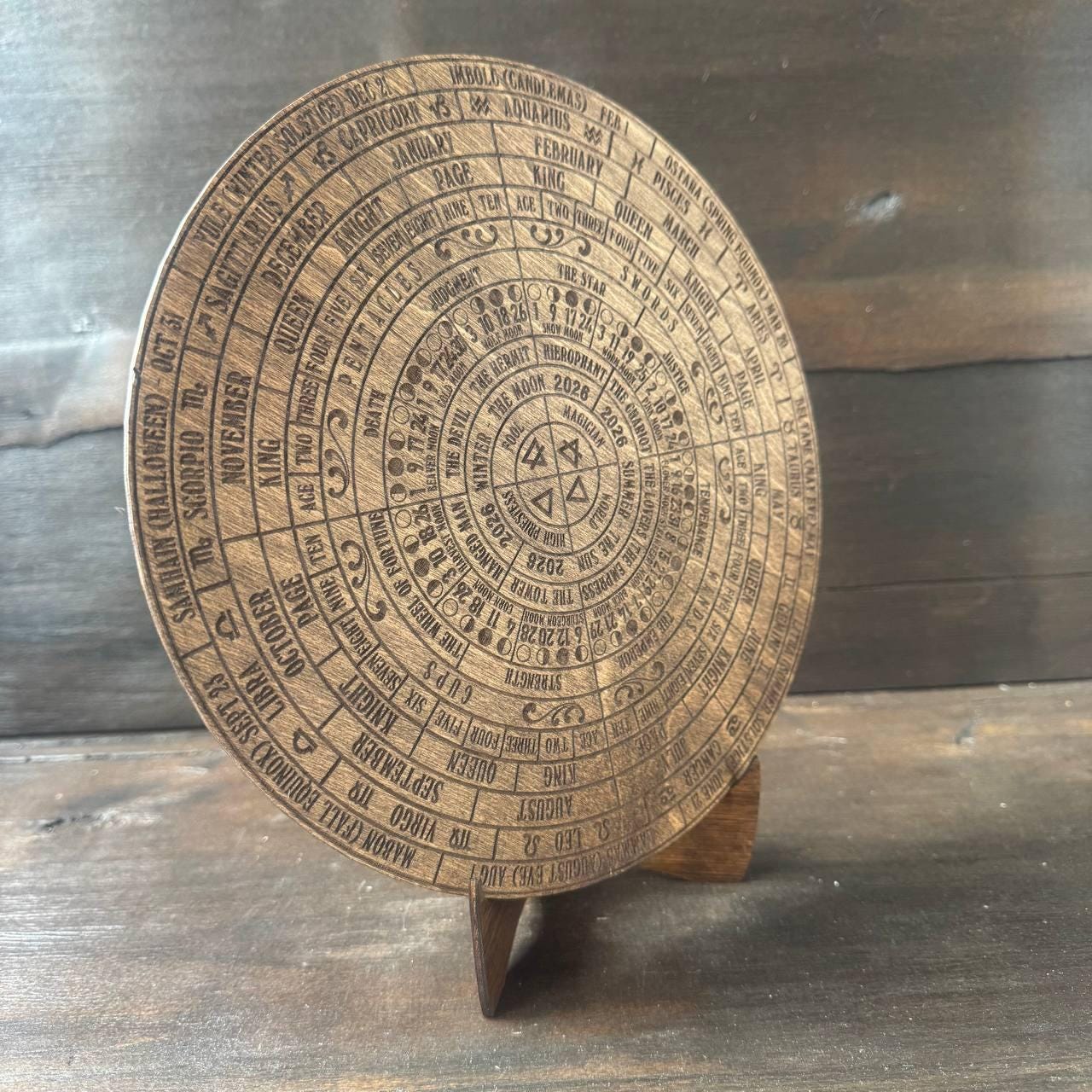 2026 Lunar Calendar Wooden Moon Wheel – Witch Altar Decor, Full Moon Phases Chart