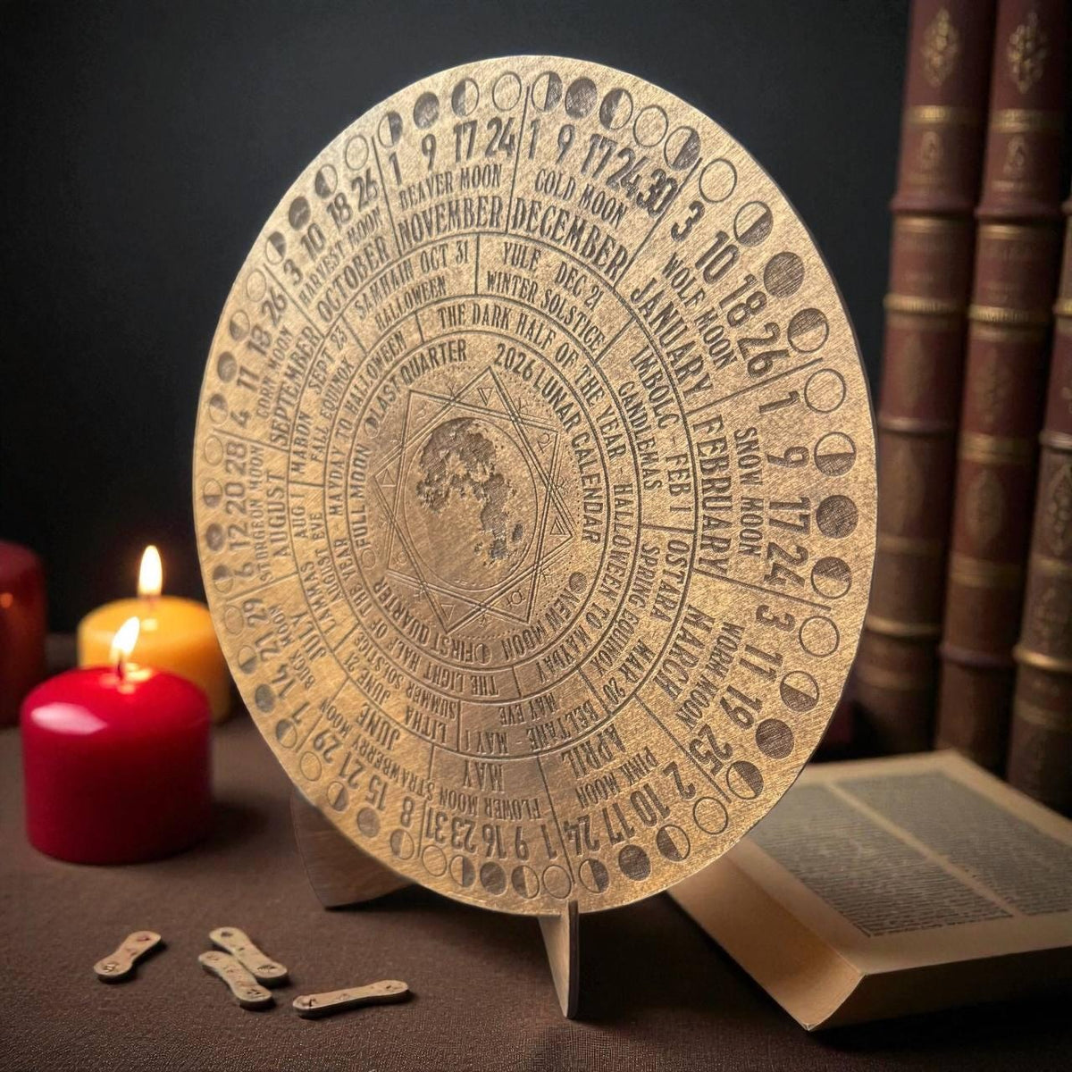 2026 Lunar Calendar Wood Moon Phase Wheel, Witch Altar Decor with Stand, Pagan Astrology Gift