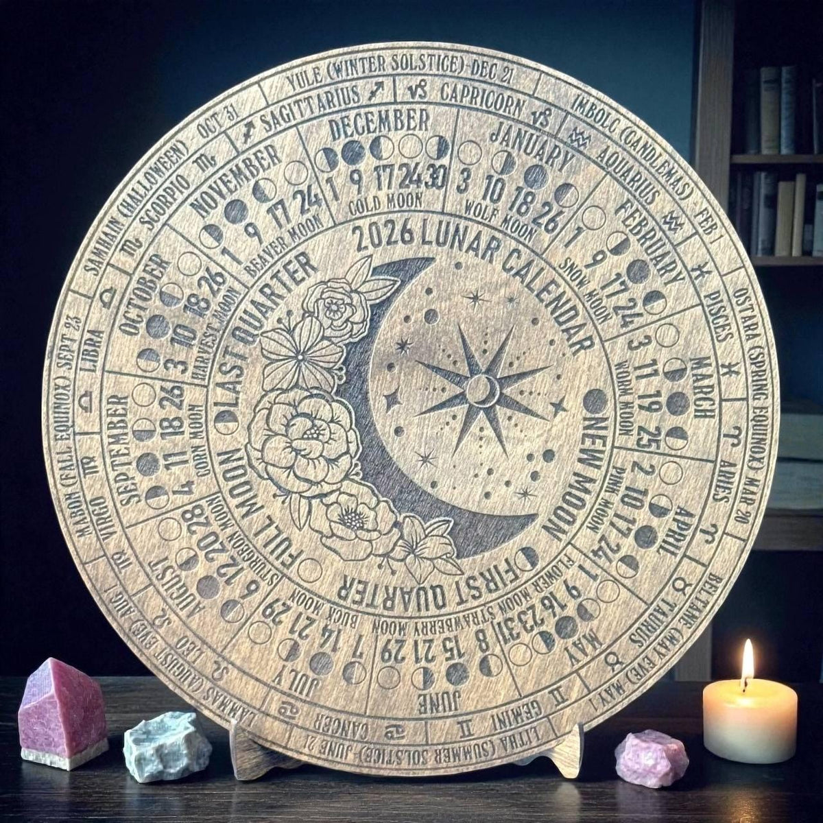 2026 Lunar Moon Phase Calendar – Floral Wood Moon Chart in Walnut Stain with Stand