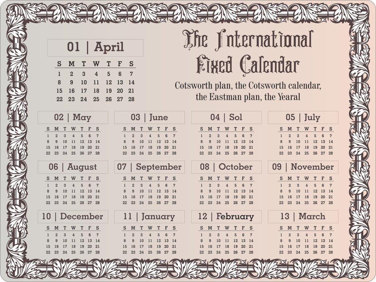 International Fixed 13 Month Calendar, Vintage Ornamental Wall Calendar, Cotsworth Plan