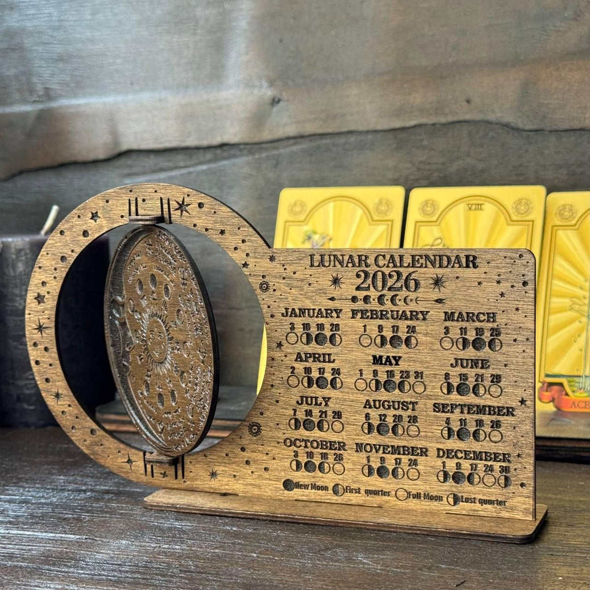 Lunar Calendar 2026 Wooden Moon Phase Board, Astrology Decor, Witchy Desk Display