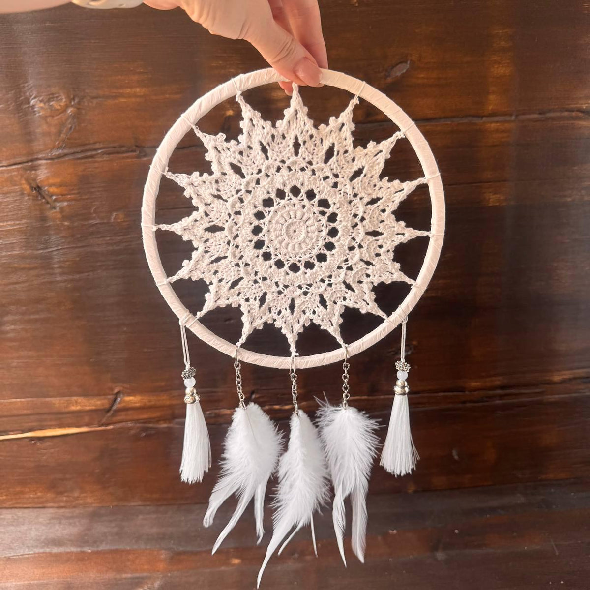 White Crochet Dream Catcher – Boho Bedroom & Nursery Decor
