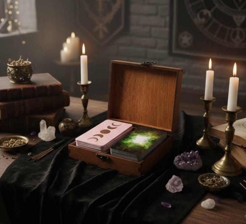 Tarot Card Box for Two Decks, Wooden Tarot Storage with Lock, Engraved Divination Case