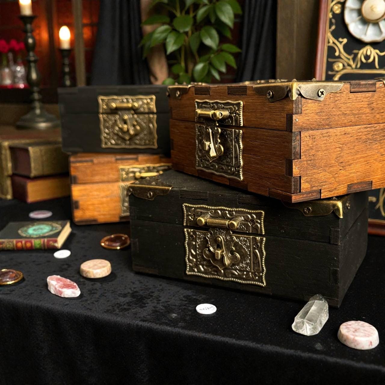 Engraved Wooden Storage Box, Vintage Witch Altar Box, Crystal Storage Chest