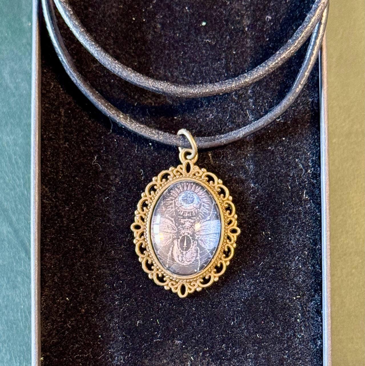 Scarab Beetle Necklace, Egyptian Pendant, Gothic Insect Jewelry, Oval Amulet