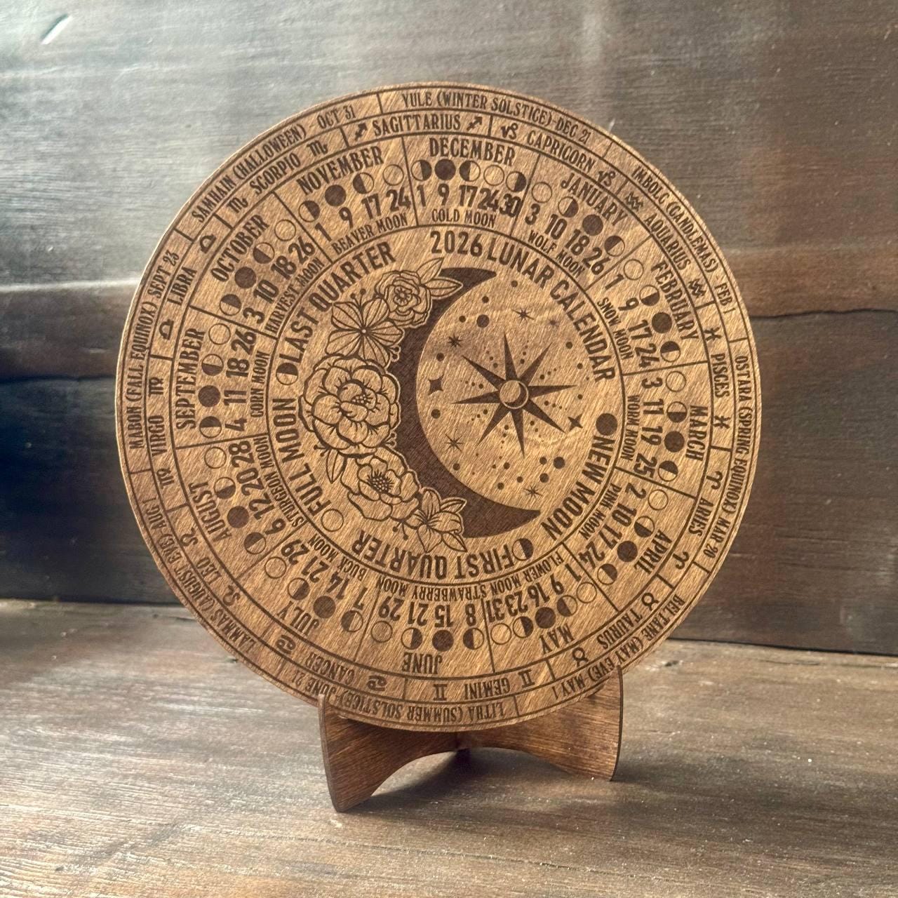 2026 Lunar Moon Phase Calendar – Floral Wood Moon Chart in Walnut Stain with Stand