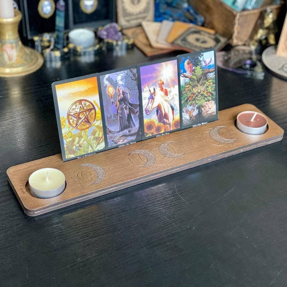 Personalized Moon Tarot Card Holder with Candle Stands, Wooden Altar Display