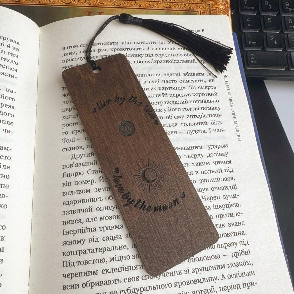 Celestial Wooden Bookmark, Moon Sun Engraved Spiritual Gift