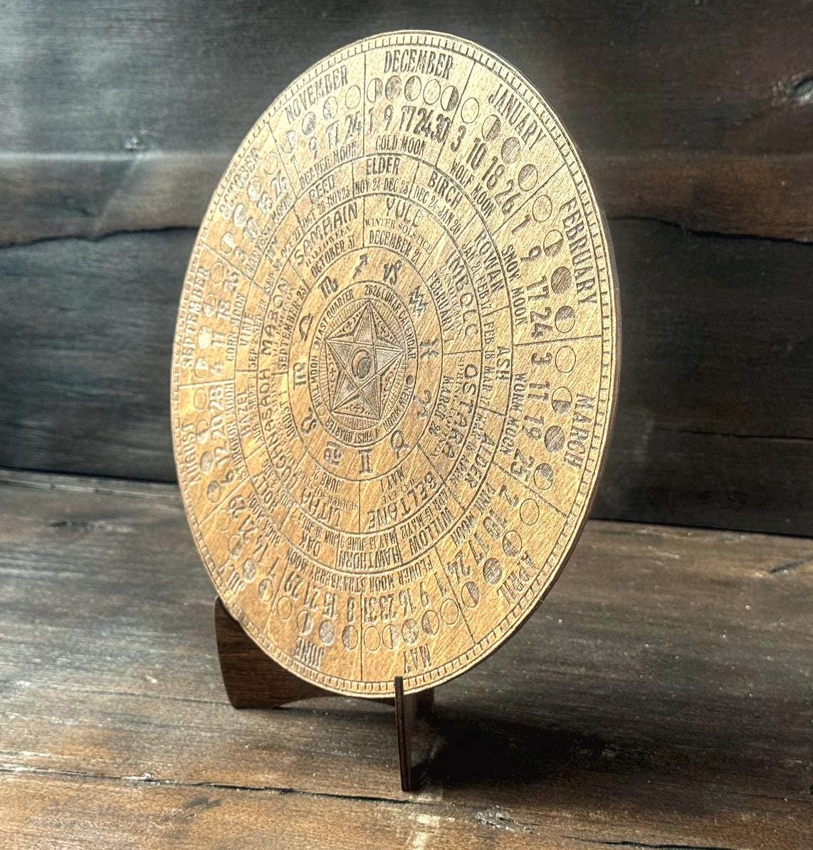 2026 Lunar Calendar with Pentagram – Wiccan Moon Phase Wheel on Walnut Wood with Stand