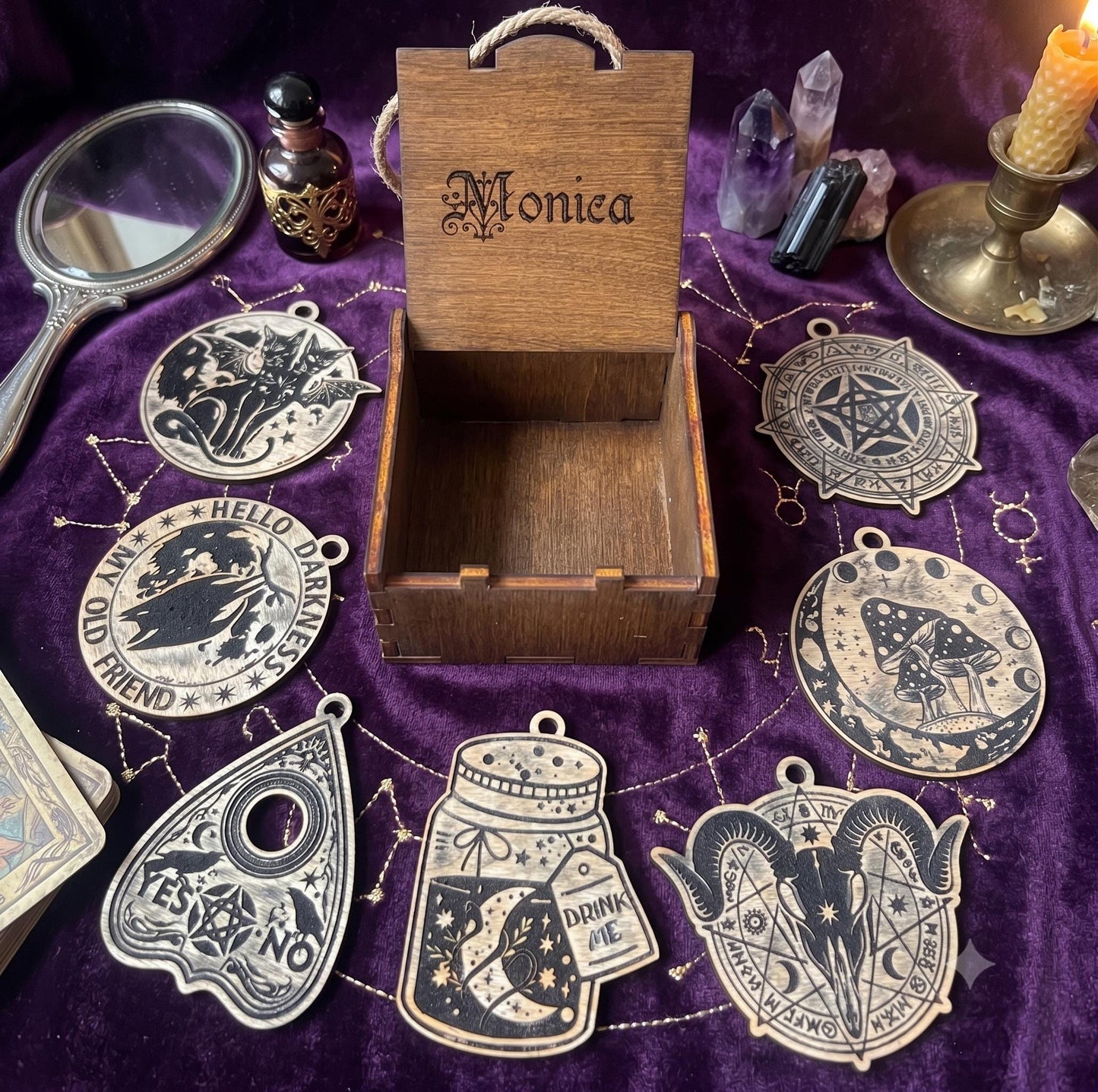 Personalized Wicca Ornament Gift Box, 7 Wooden Sabbat Charms in 4 Colors