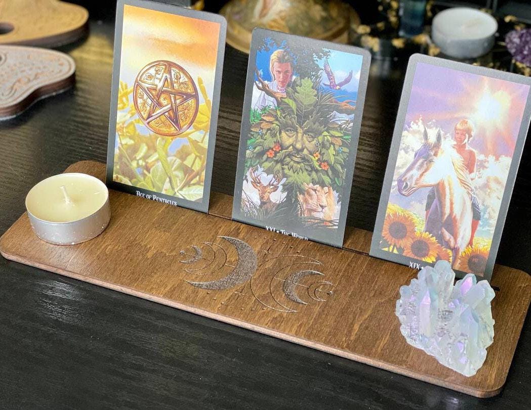 Personalized Three Card Tarot Holder, Engraved Rosewood Reading Stand
