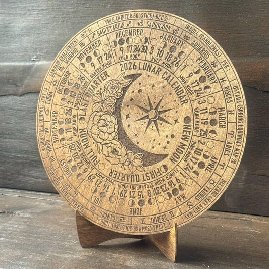 2026 Lunar Moon Phase Calendar – Floral Wood Moon Chart in Walnut Stain with Stand