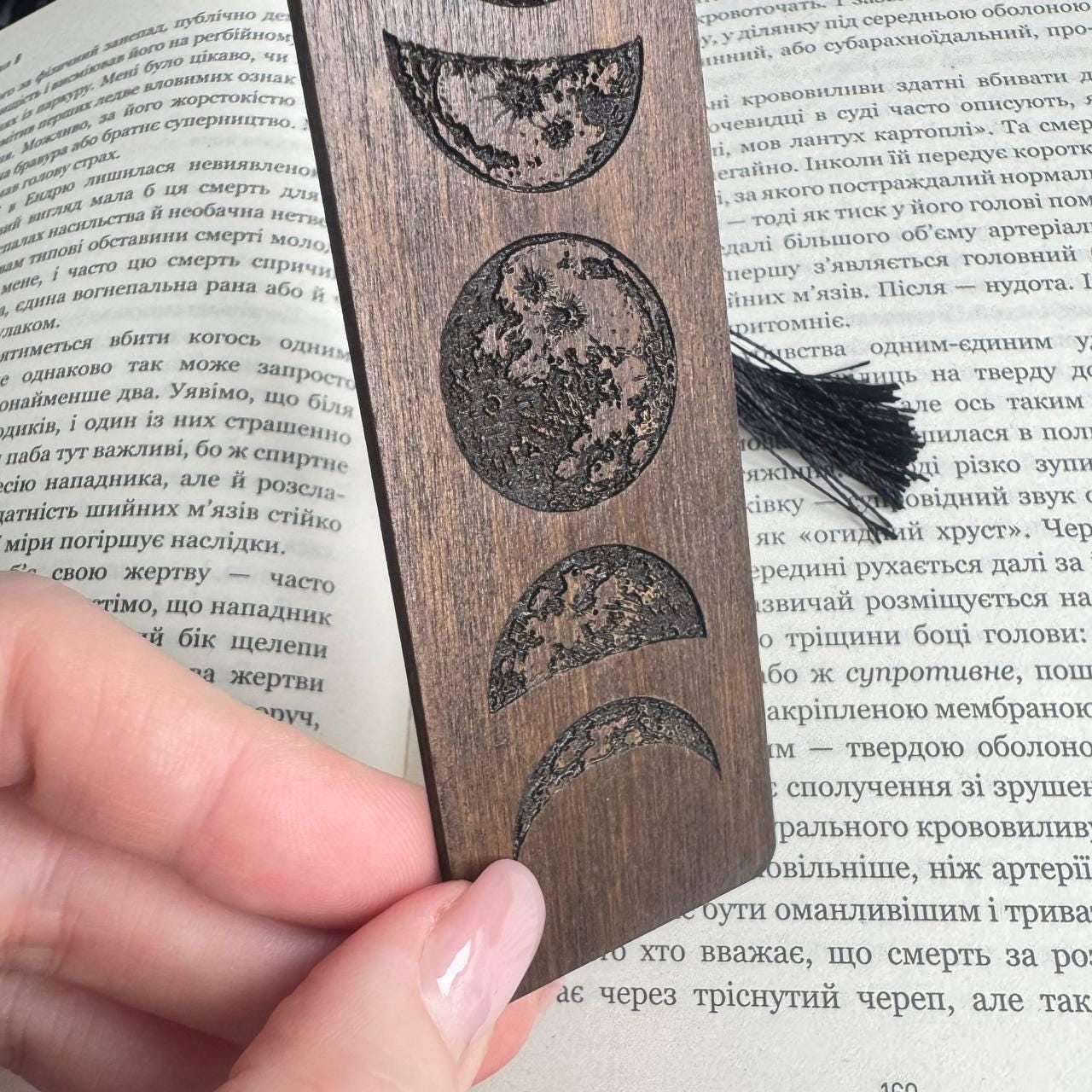 Moon Phases Wooden Bookmark with Tassel, Astrology Gift
