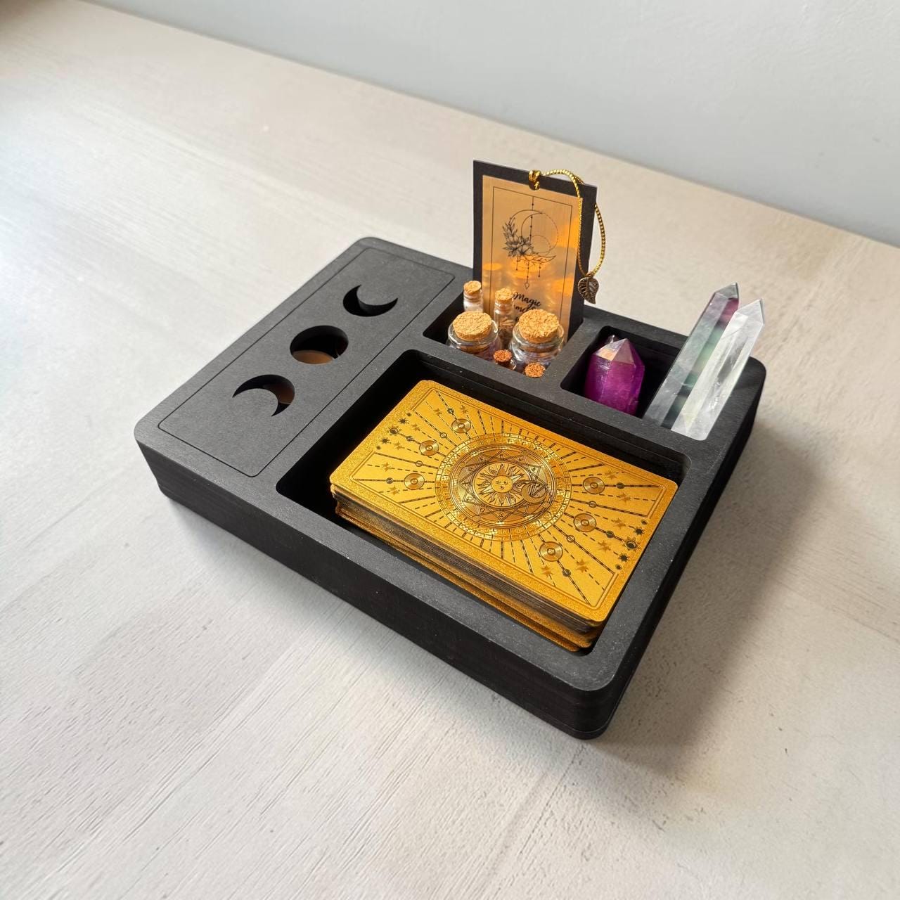 Black Tarot and Crystal Organizer, Moon Phase Witchcraft Storage Box