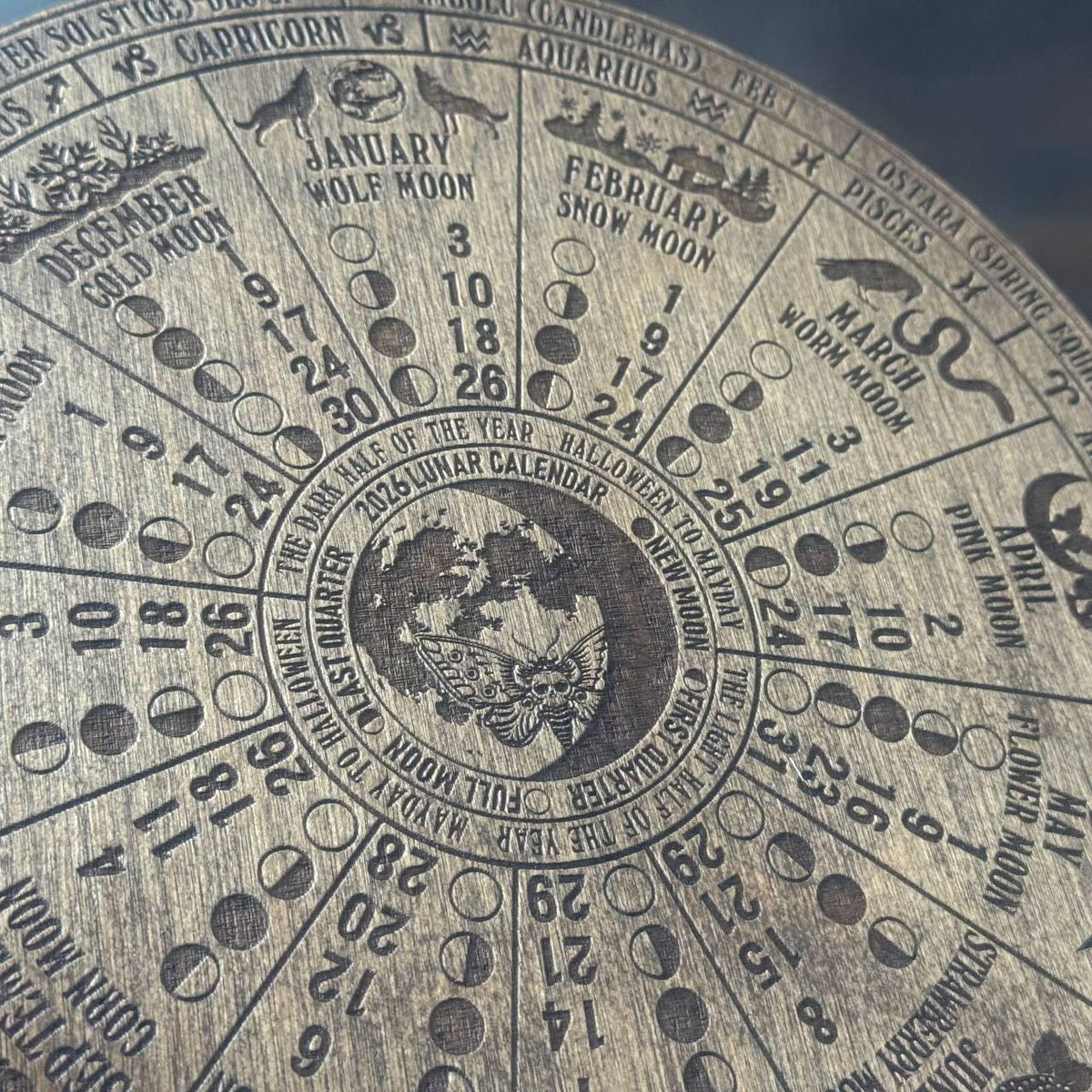 2026 Wooden Lunar Calendar, Moon Phase and Zodiac Wheel Wall Art