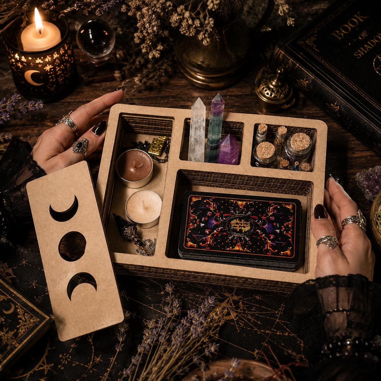Moon Phase Tarot and Crystal Organizer, Divided Witchcraft Storage Box
