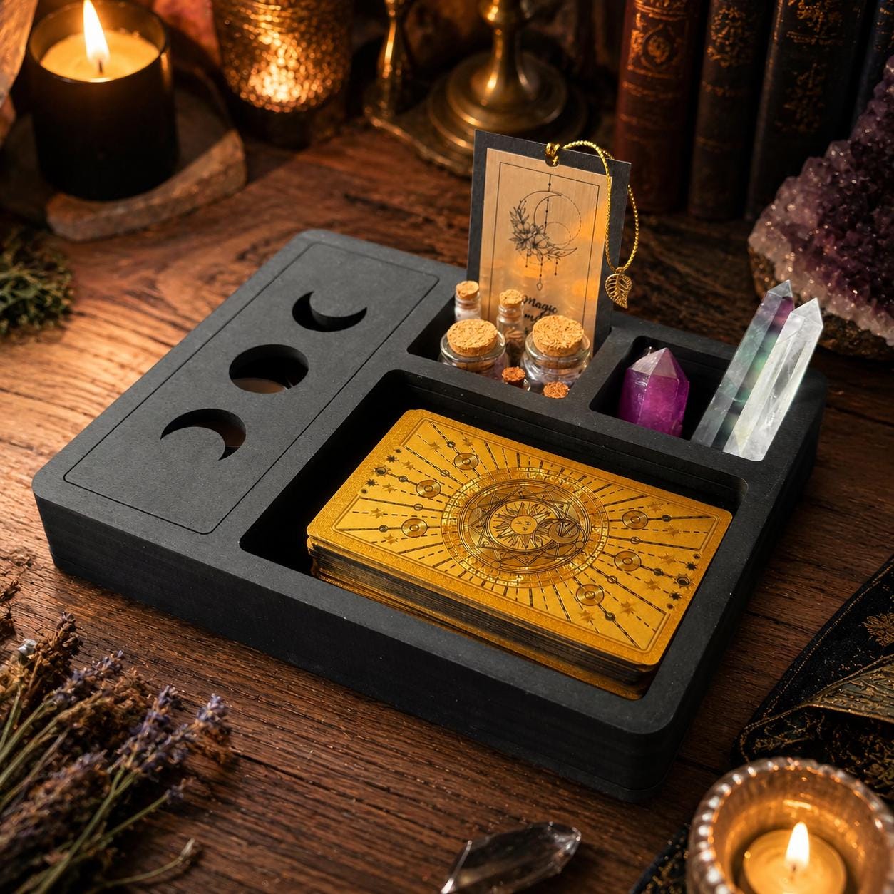 Black Tarot and Crystal Organizer, Moon Phase Witchcraft Storage Box