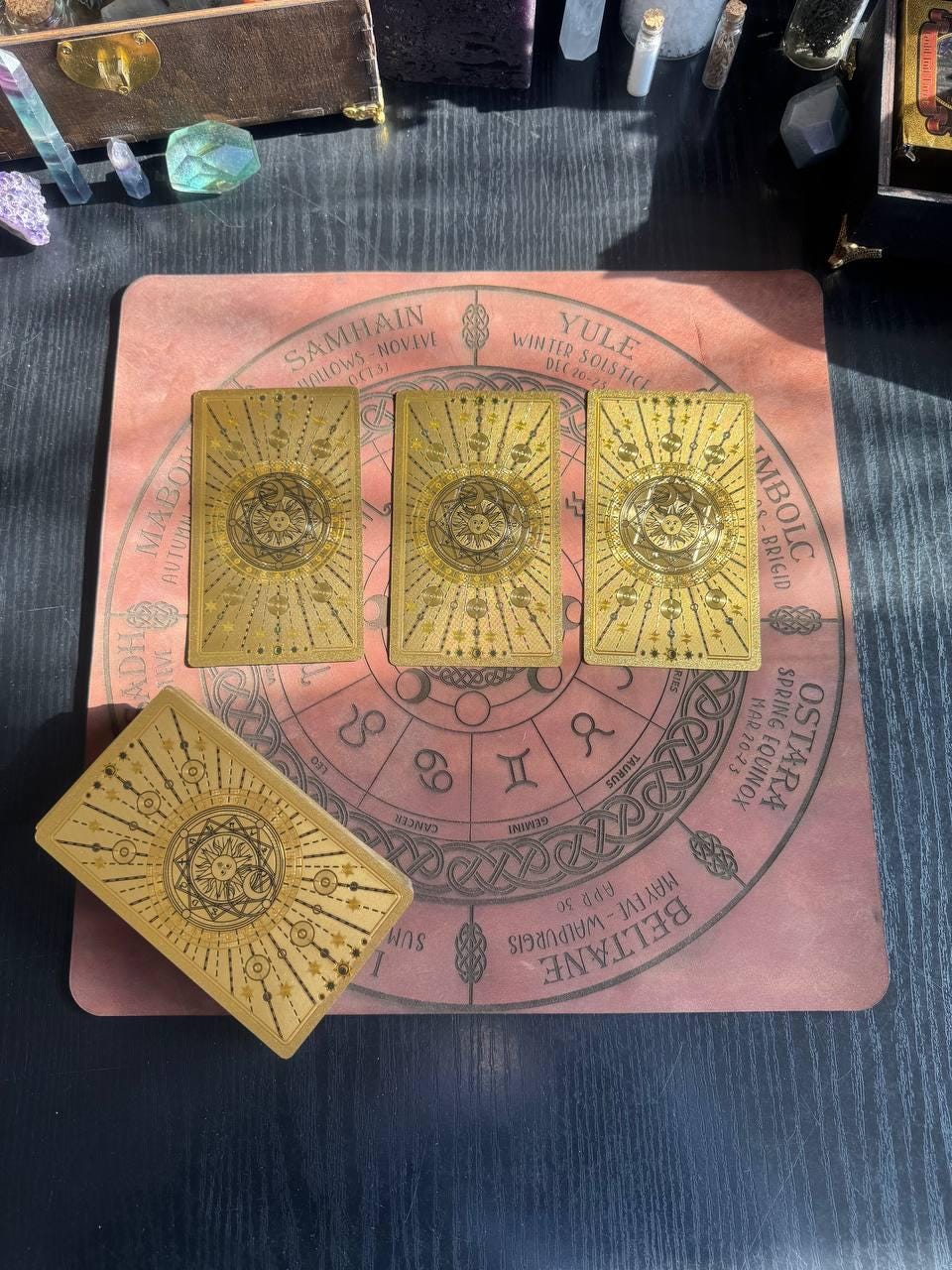 Engraved Leather Wiccan Calendar Mat, Zodiac Wheel Altar Planner in 3 Sizes