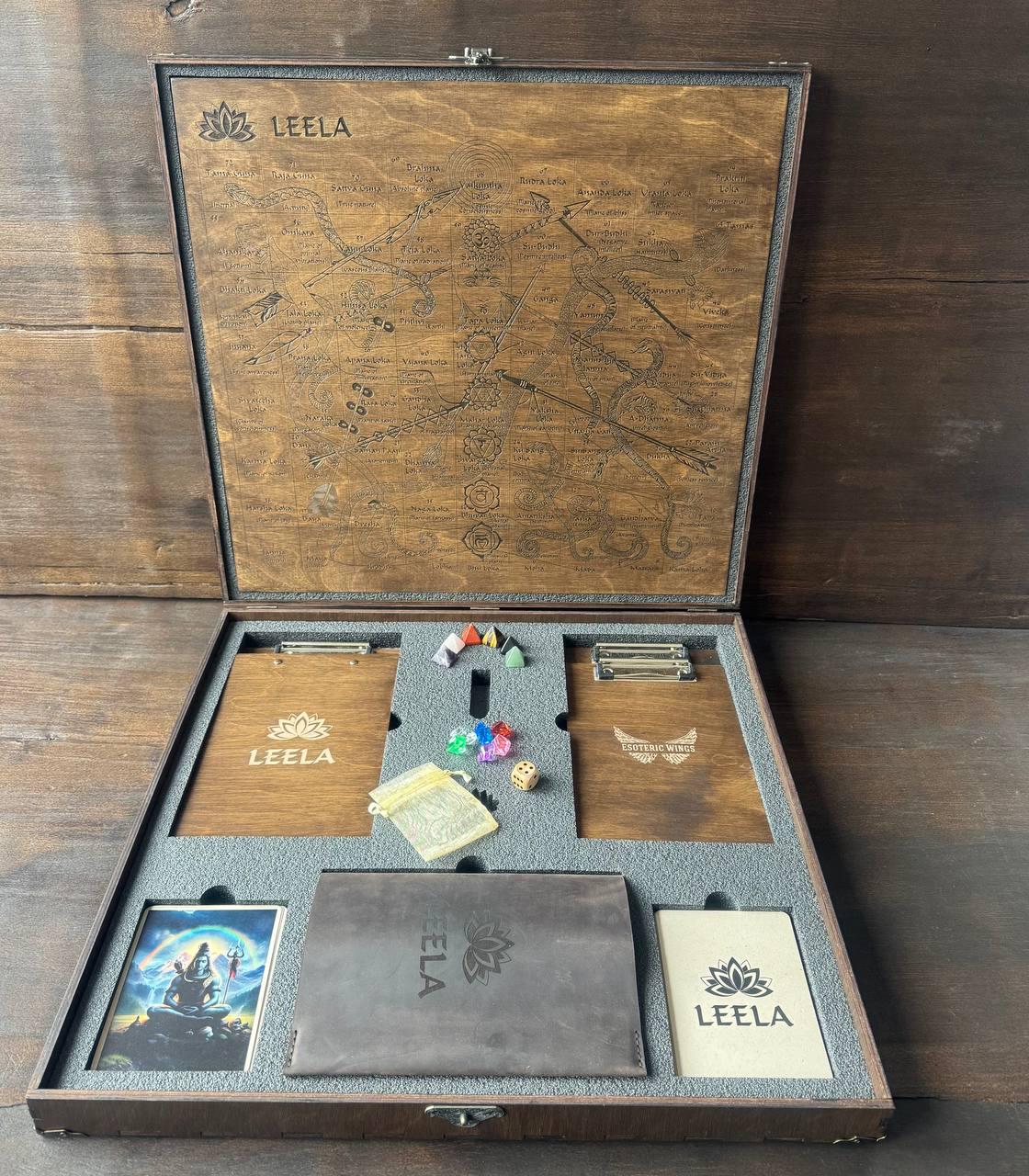 Leela Board Game - Wooden Spiritual Classic Set with Engraved Board & Meditation Tools