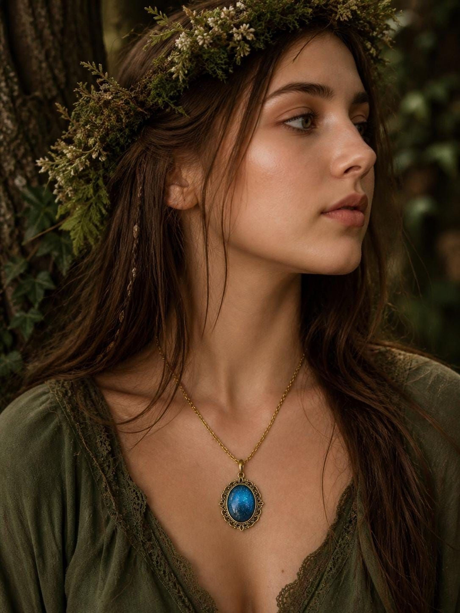 A woman with long brown hair wearing a green dress and a flower crown stands in a forest, gazing off to the side.