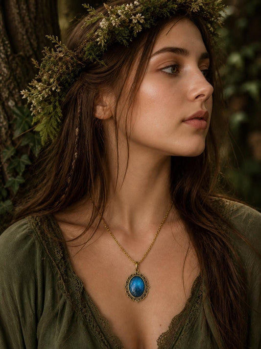 A woman with long brown hair wearing a green dress and a flower crown stands in a forest, gazing off to the side.