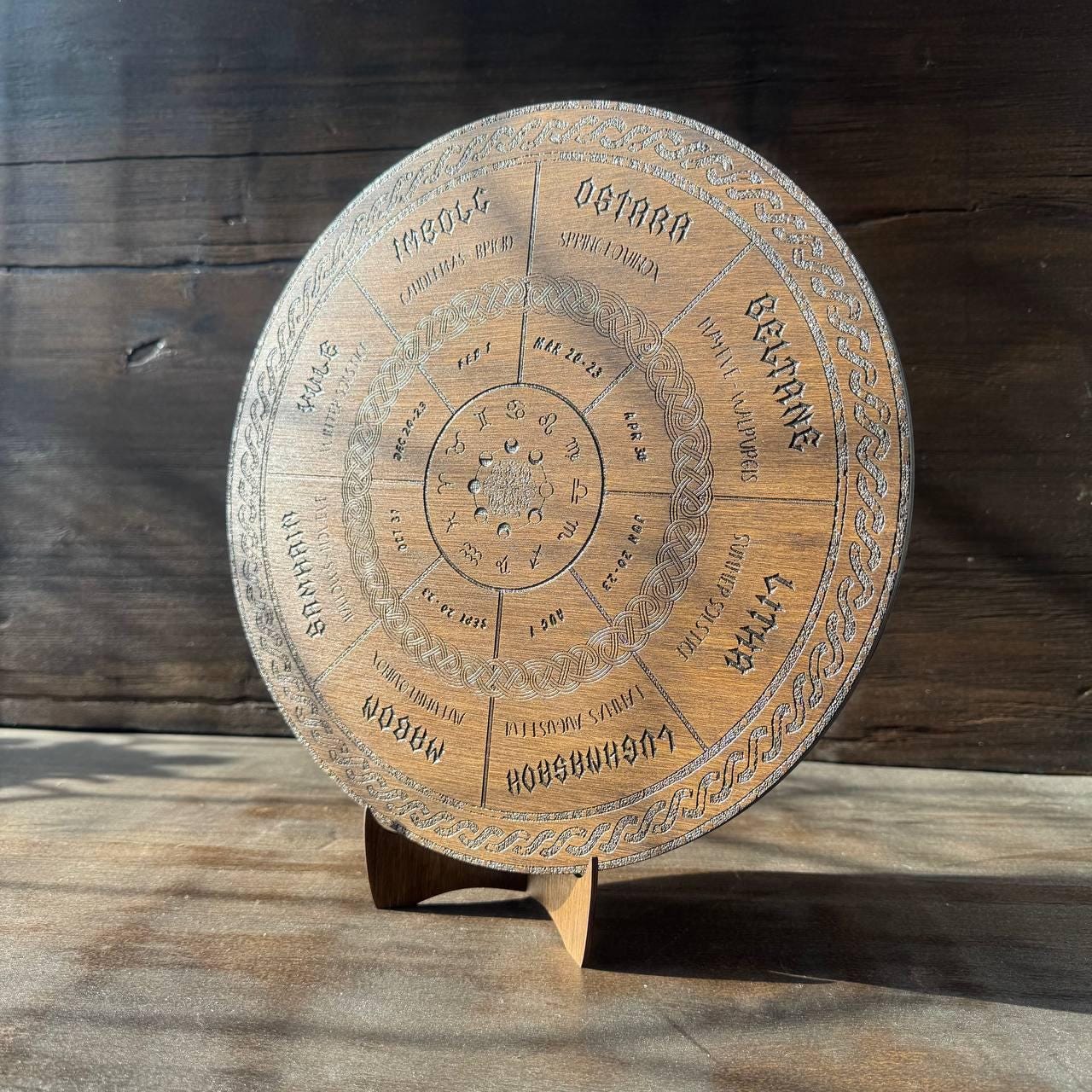 Wooden Wheel of Life Calendar, Celtic Tree Zodiac Engraved Disc, Wiccan Altar Decor
