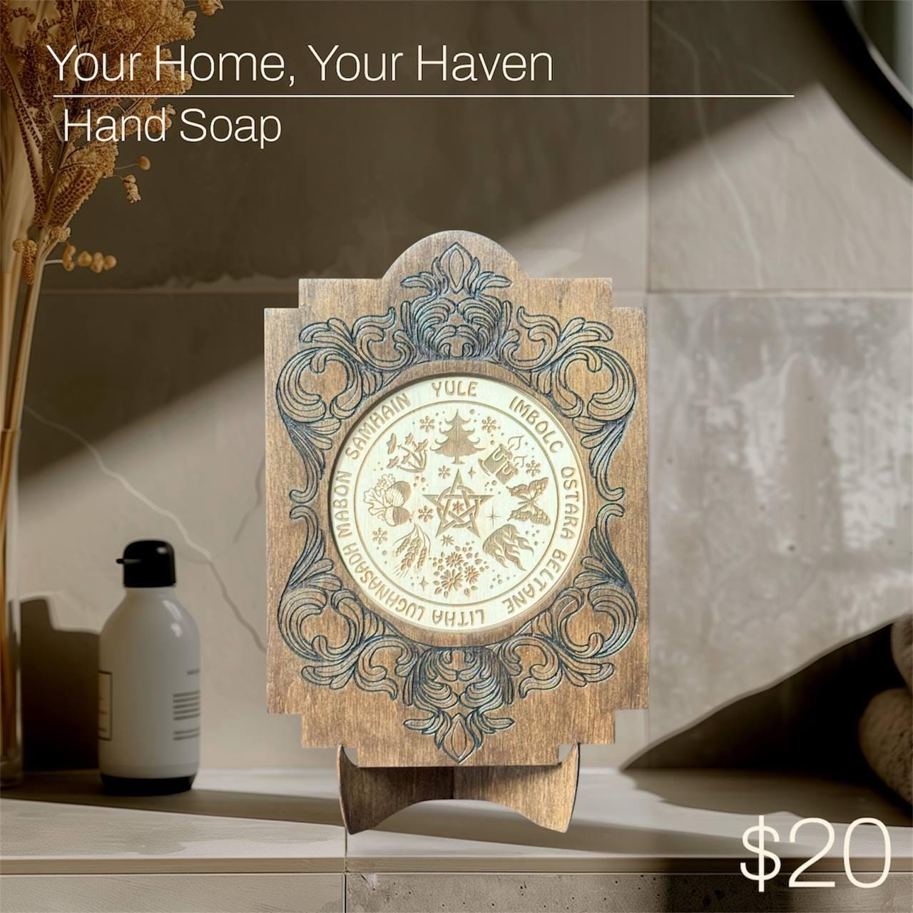 Wooden Wheel of the Year Altar Calendar with Stand, Engraved Wiccan Sabbat Decor