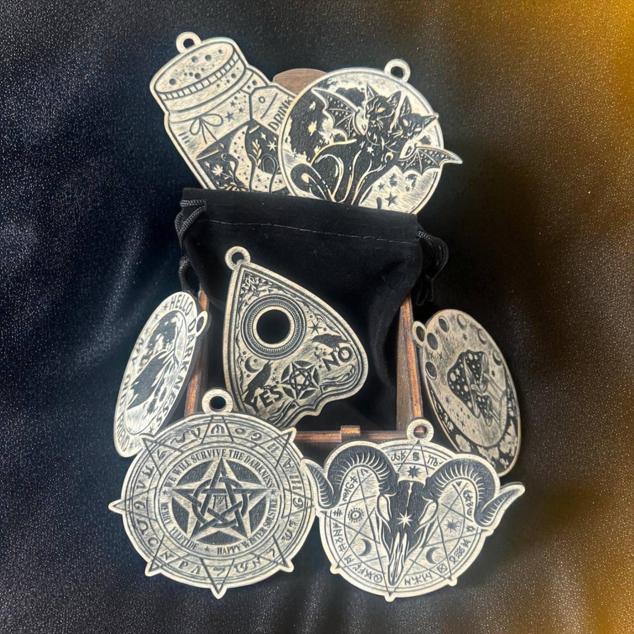 Personalized Wicca Ornament Gift Box, 7 Wooden Sabbat Charms in 4 Colors