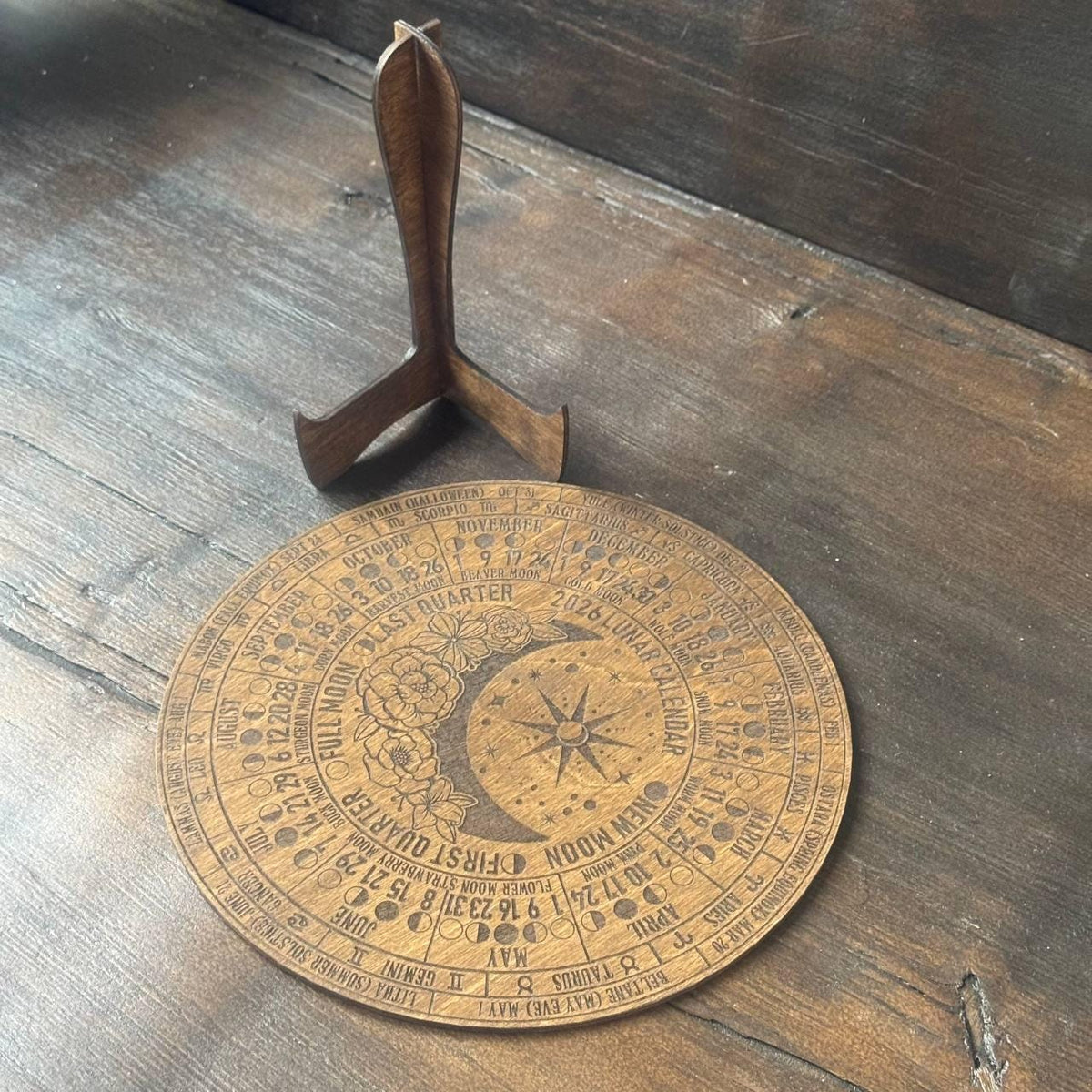 2026 Lunar Moon Phase Calendar – Floral Wood Moon Chart in Walnut Stain with Stand