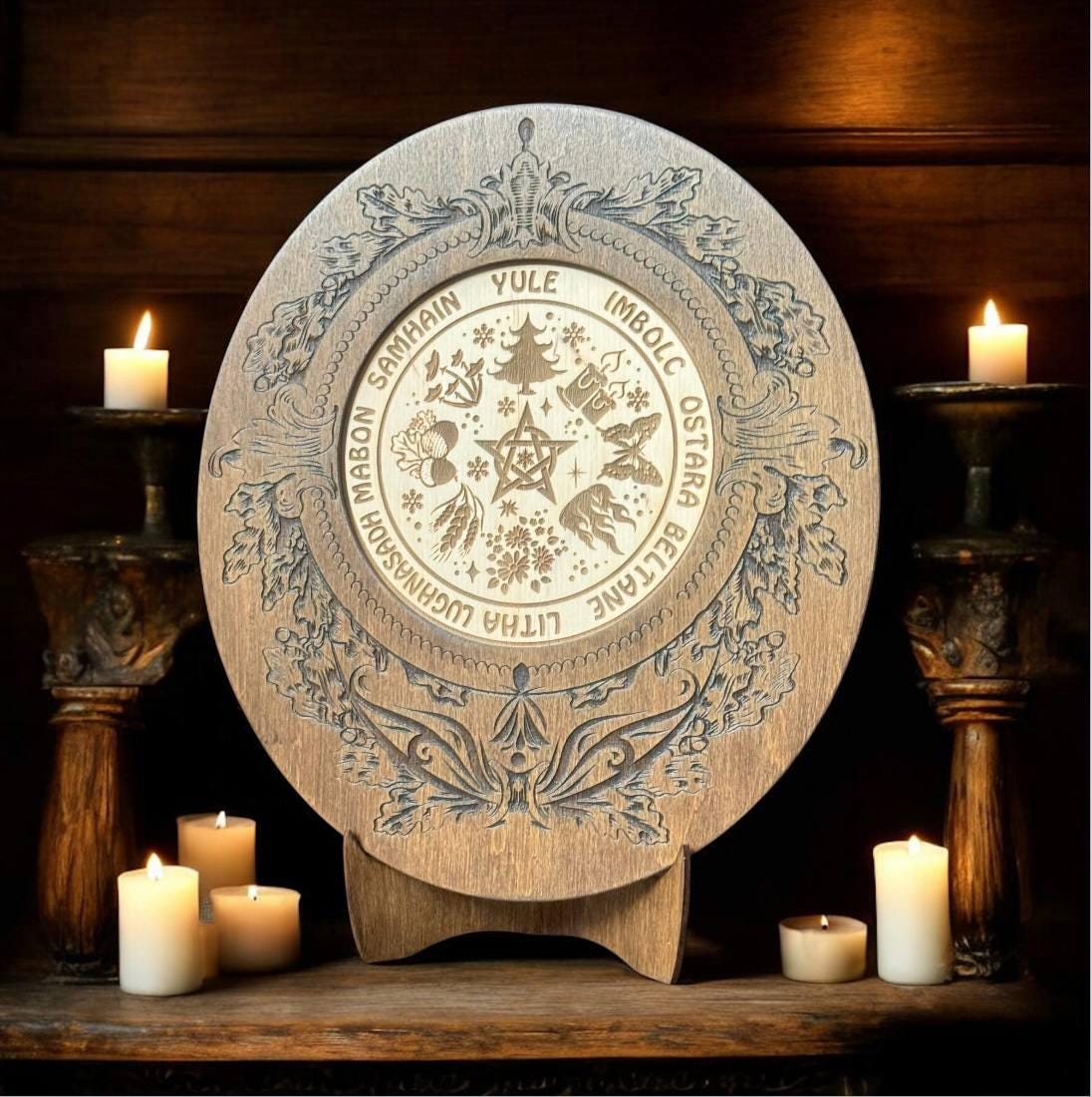 Wiccan Wheel of the Year Wooden Calendar with Sabbats, Pagan Altar Decor, Witchcraft Ritual Tool