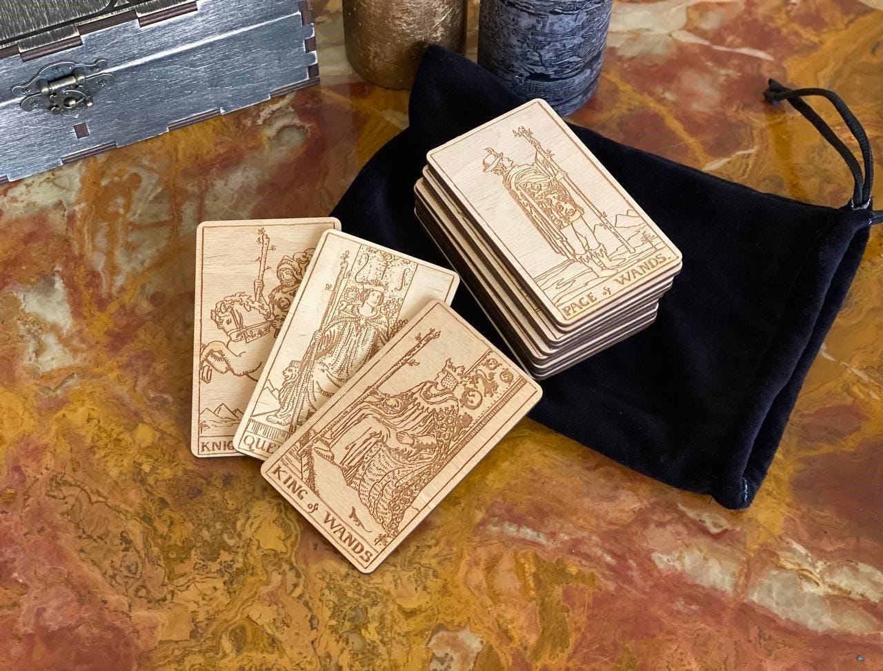Wooden Tarot Cards Wands Suit Rider–Waite–Smith Engraved Deck Fire Element