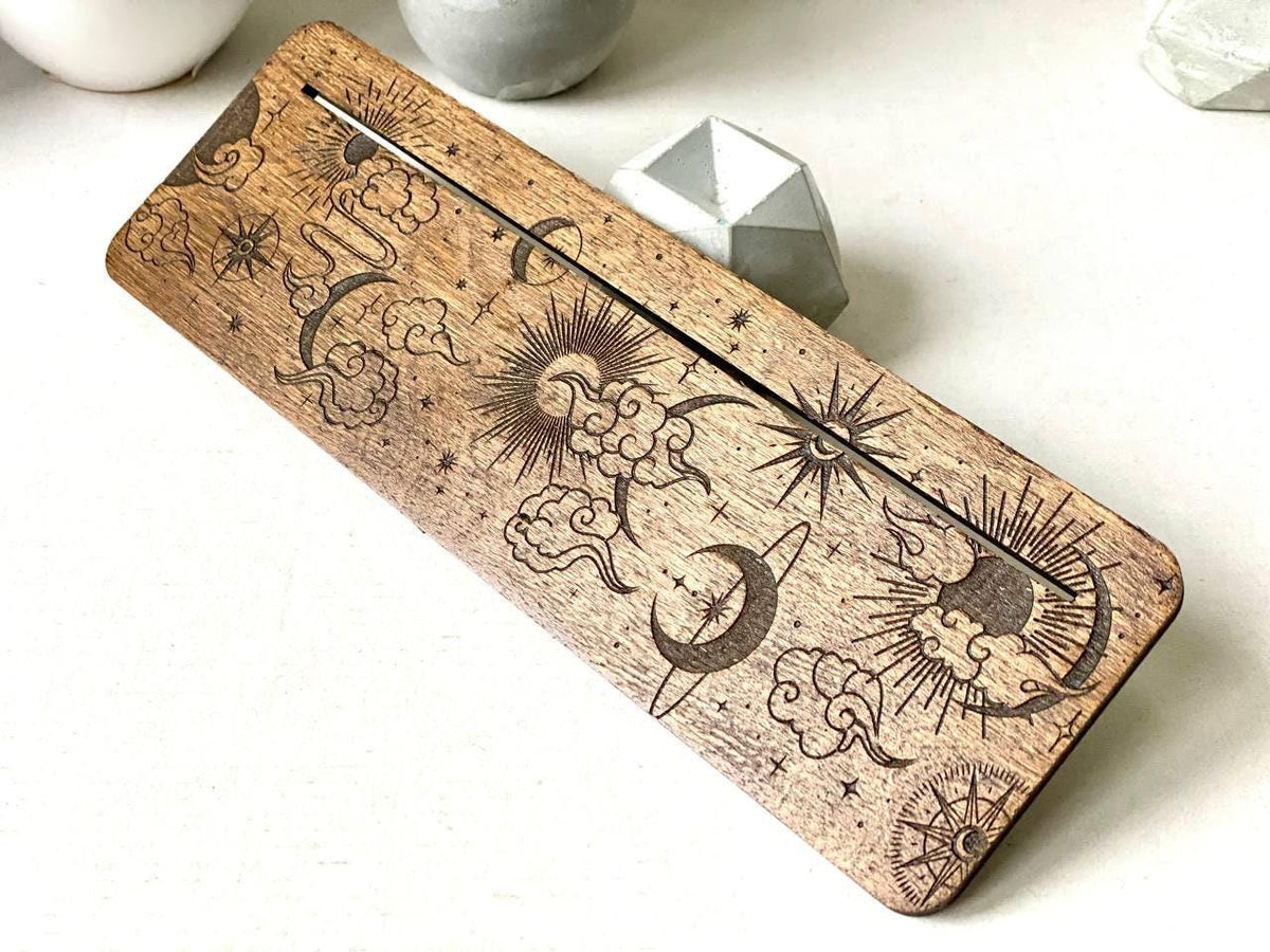 Moon and Sun Tarot Card Stand, Engraved Wooden Reading Holder