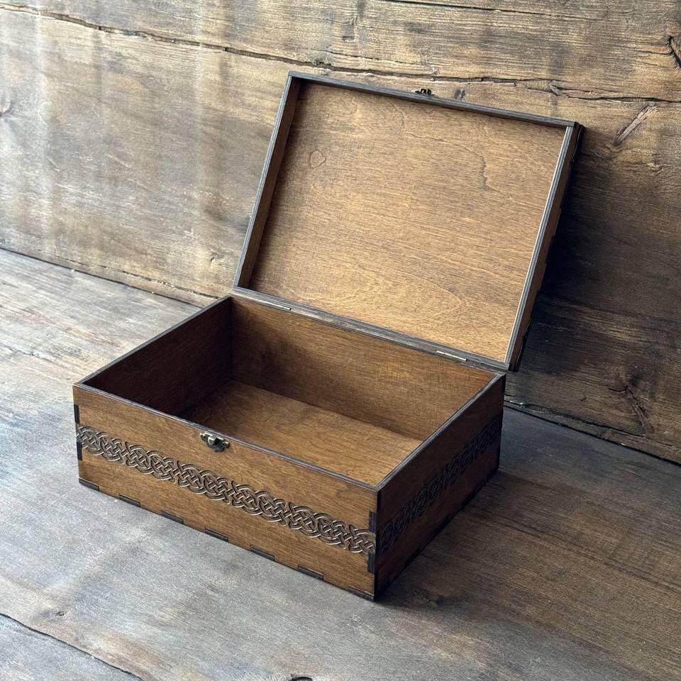Celtic Wooden Storage Box with Engraving, Viking Style Jewelry Box, Medieval Keepsake Chest