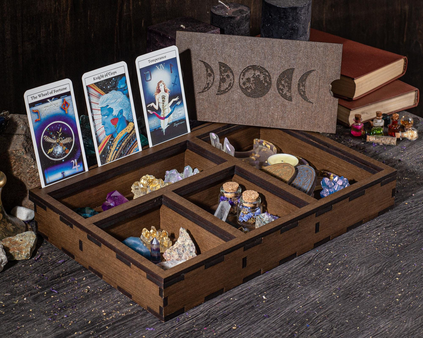 Moon Phase Tarot Box, Wooden Organizer for Cards, Witch Altar Storage Case, Crystal Divider Box