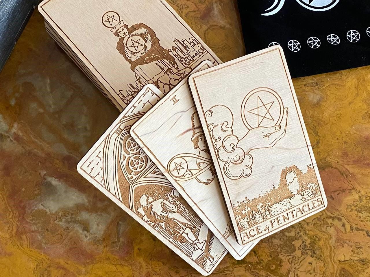 Wooden Tarot Cards Pentacles Suit Rider–Waite–Smith Engraved Deck Earth Element