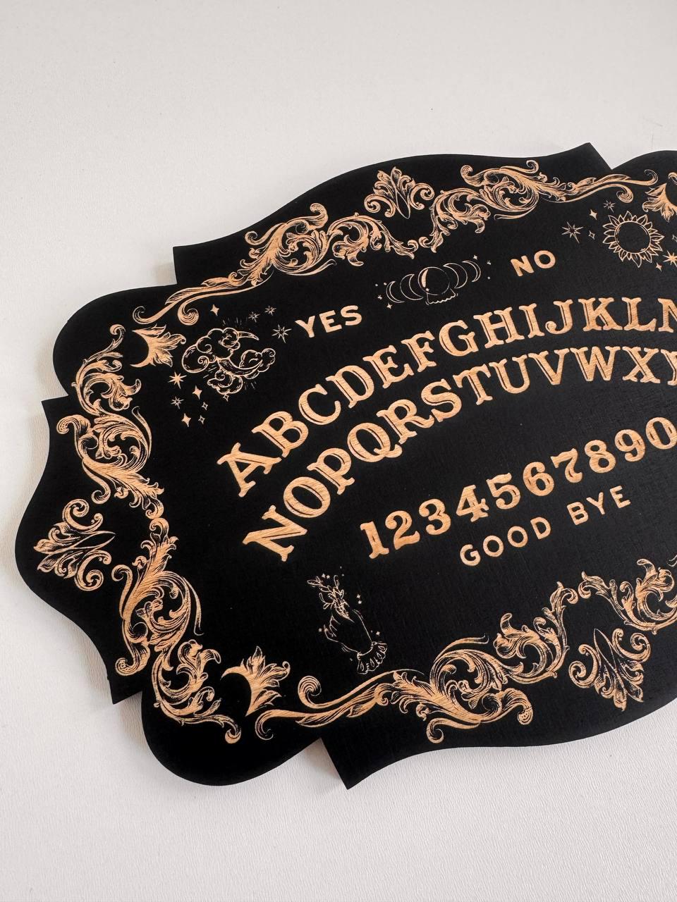 Ouija board, black wood, spirit board with planchette, gothic divination decor