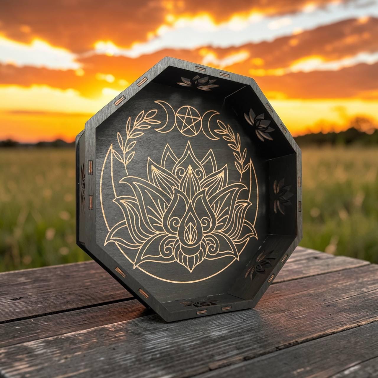 Personalized Lotus Altar Tray, 11 Inch Wenge Tarot & Crystal Display
