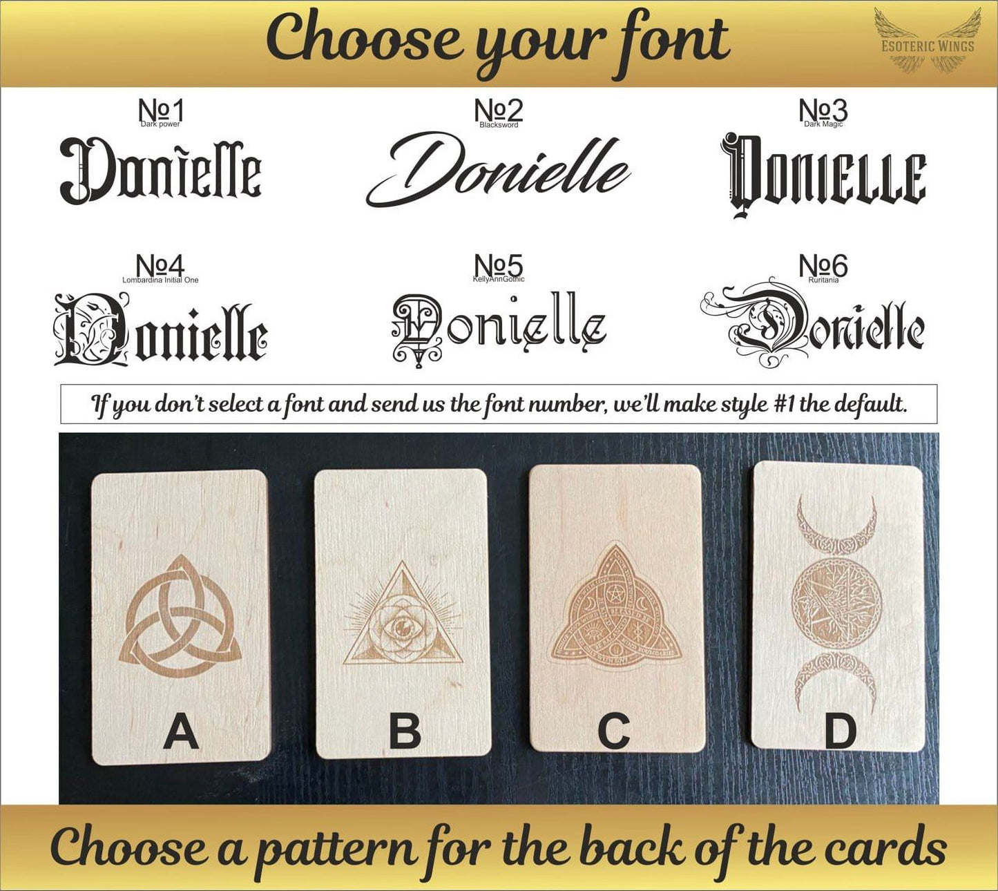a collection of wooden cards with various designs and text, including the names "Danielle" and other names. The cards are arranged in a grid, and there is a text overlay that encourages the viewer to choose a font and send it along with the font number to customize the design of the cards.
