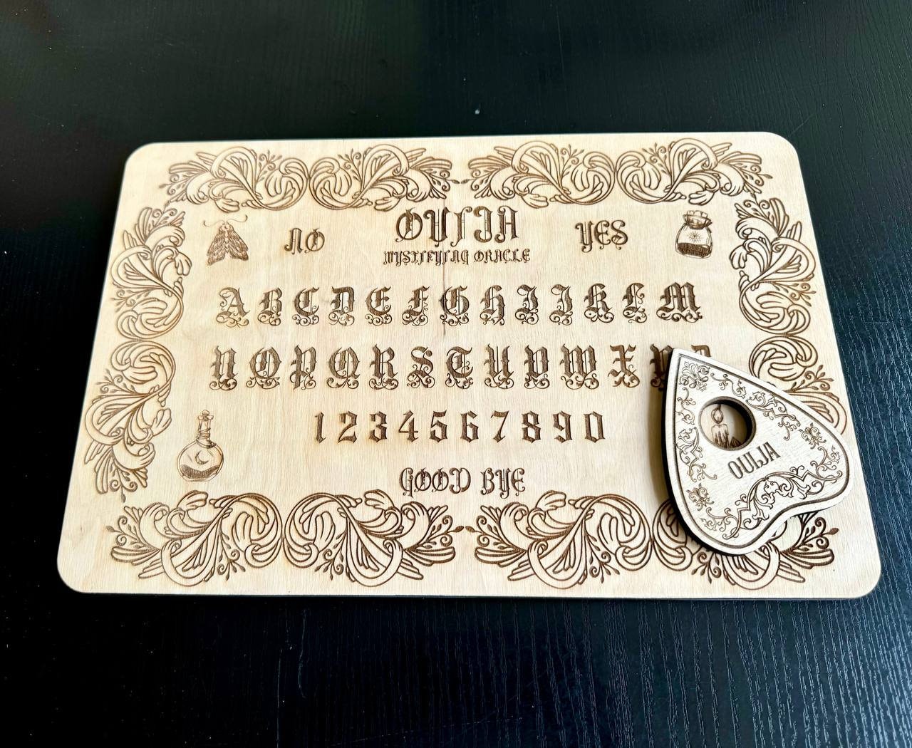 Wooden Ouija Board with Planchette, Engraved Spirit Board, Gothic Alphabet Talking Board