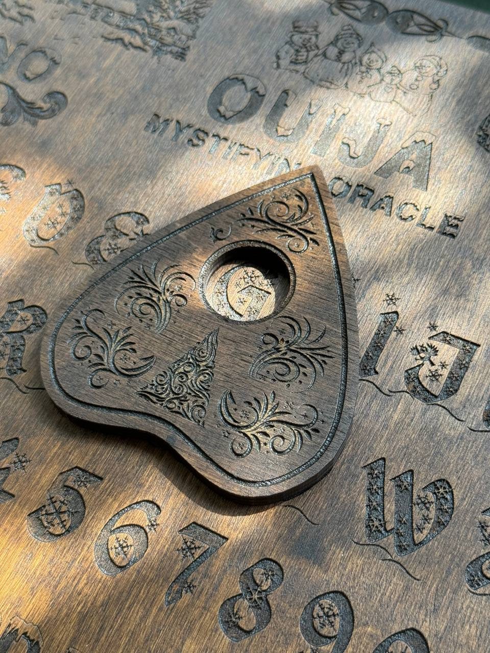 Rosewood Ouija Planchette: Christmas Tree Engraved, Occult Decor