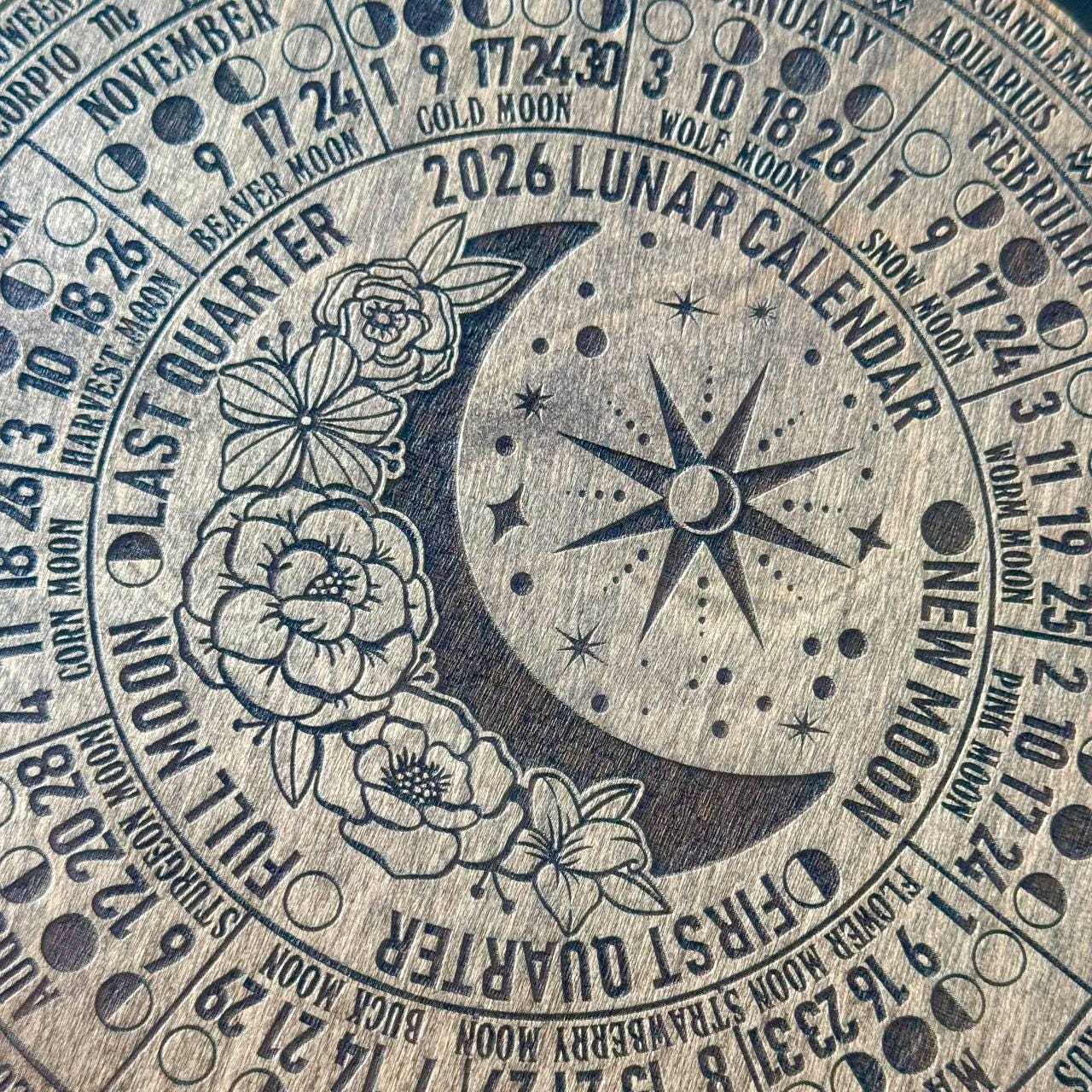 2026 Lunar Moon Phase Calendar – Floral Wood Moon Chart in Walnut Stain with Stand