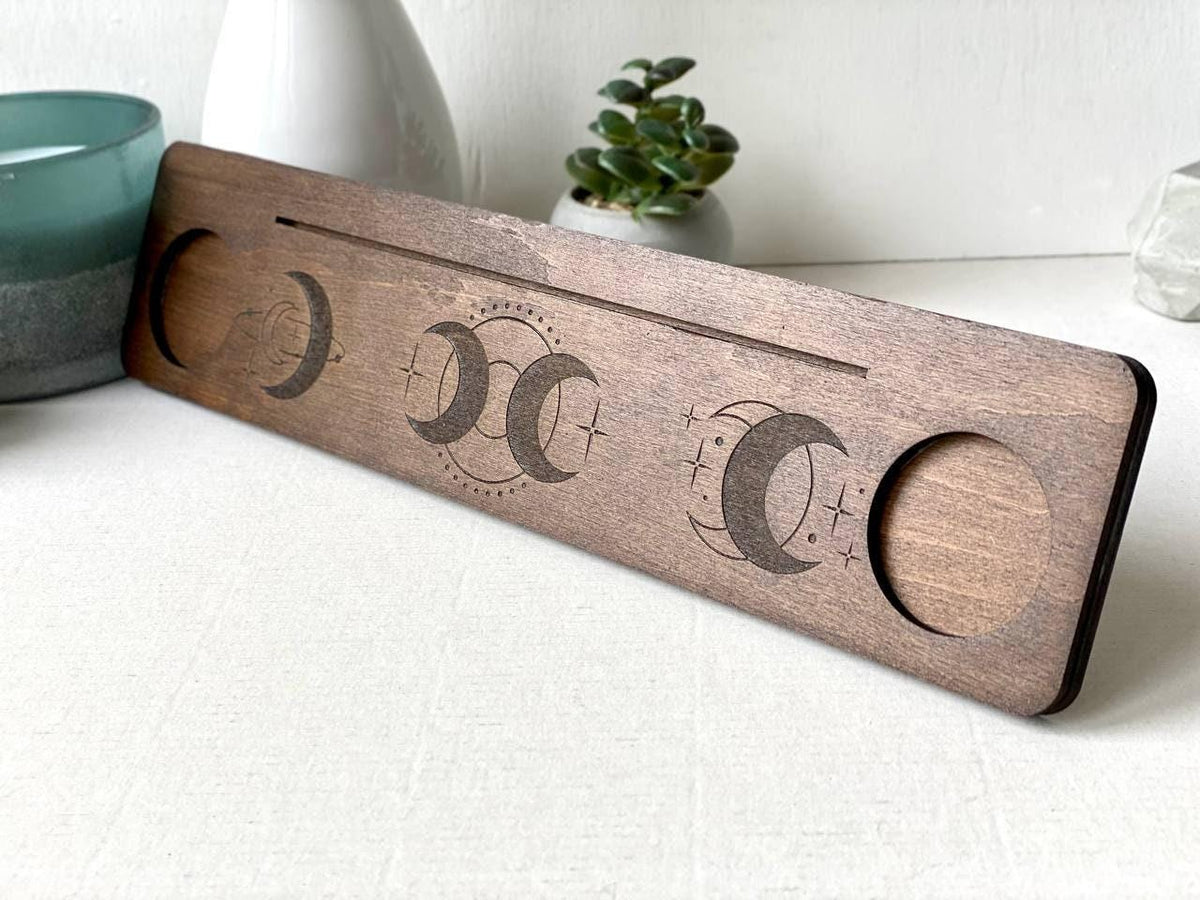 Personalized Moon Tarot Card Holder with Candle Stands, Wooden Altar Display