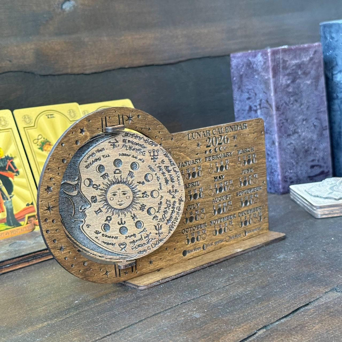 Lunar Calendar 2026 Wooden Moon Phase Board, Astrology Decor, Witchy Desk Display