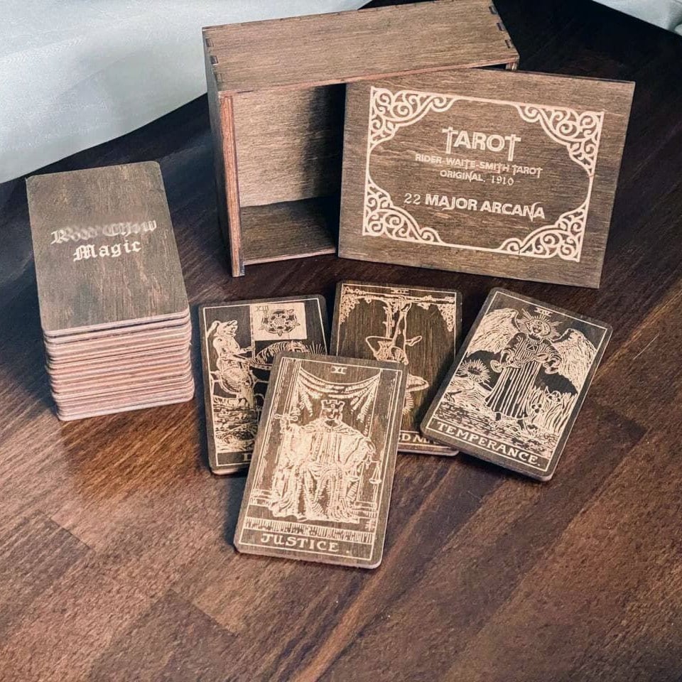 Handmade Wooden Tarot Deck 22 Major Arcana Natural Birch Wood Spiritual Gift Set with Box