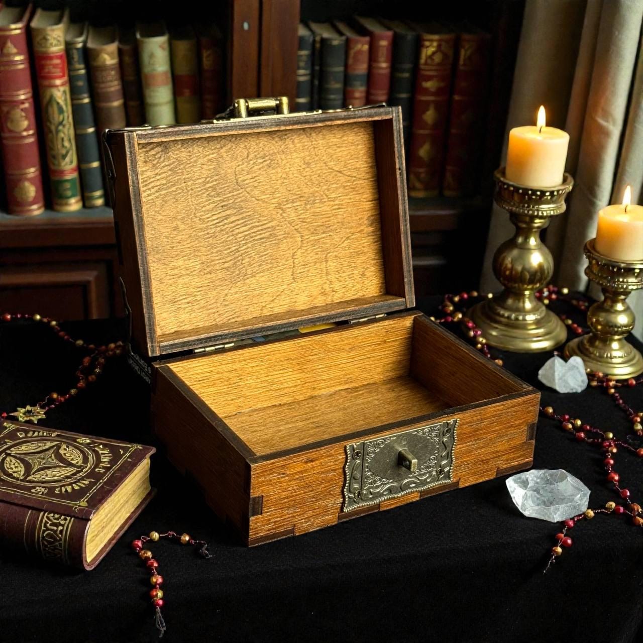 Engraved Wooden Storage Box, Vintage Witch Altar Box, Crystal Storage Chest