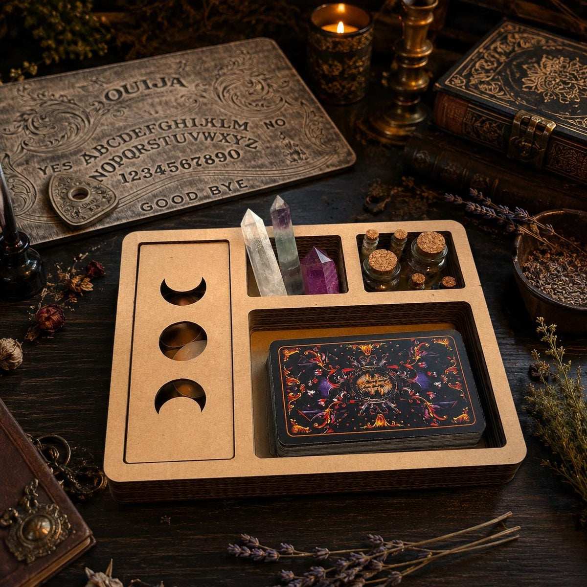 Moon Phase Tarot and Crystal Organizer, Divided Witchcraft Storage Box