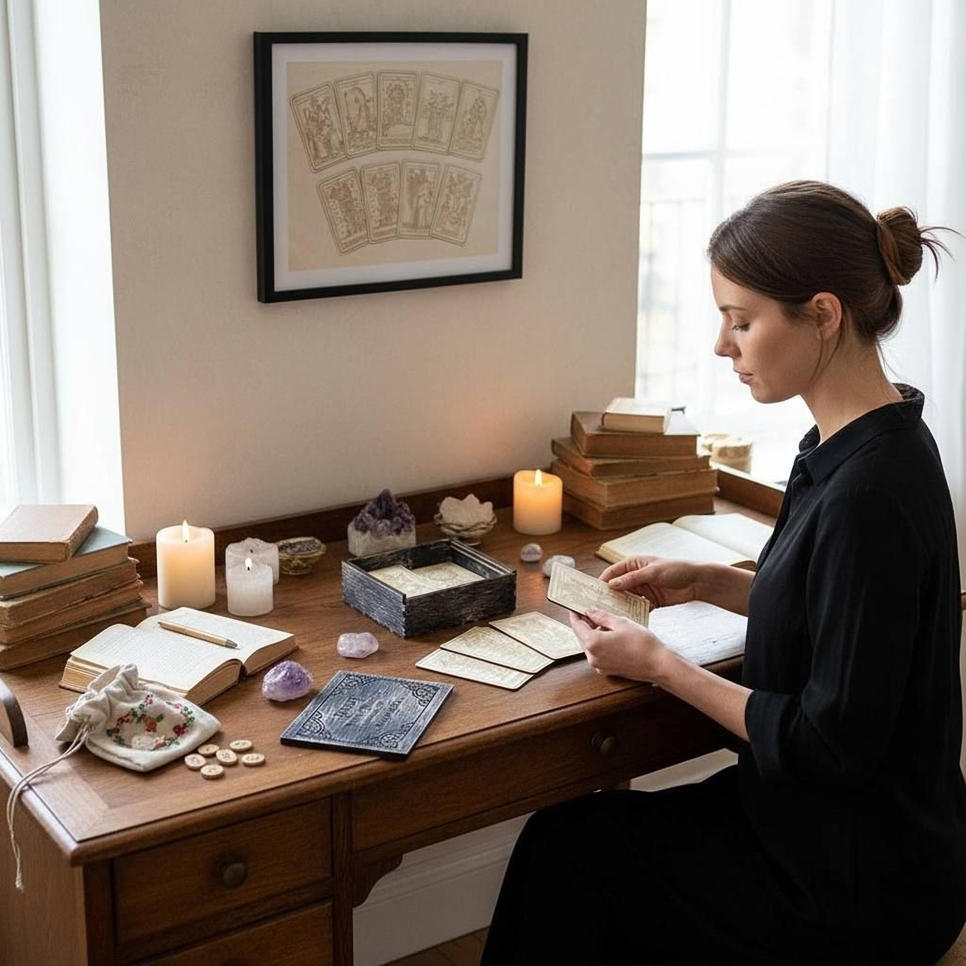 A woman sits at a wooden desk, surrounded by books, crystals, and tarot cards, appearing to be engaged in a tarot card reading session.