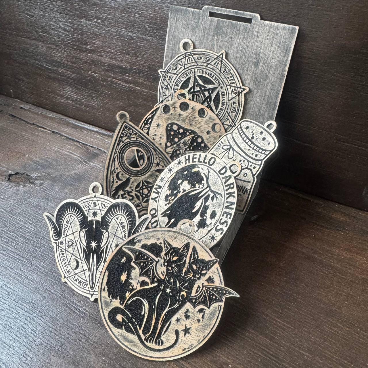 Personalized Wicca Ornament Set, 7 Wooden Witch Symbols in Old Oak Gift Box