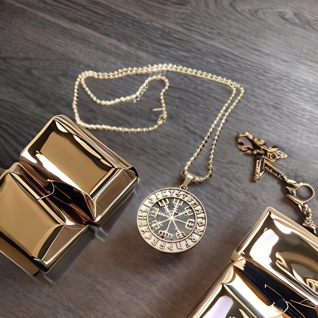 a collection of gold jewelry and accessories, including a necklace, a keychain, and a small box, all placed on a wooden surface.
