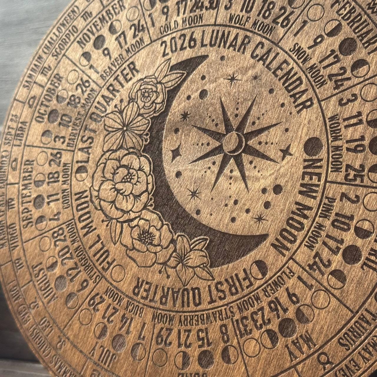 2026 Lunar Moon Phase Calendar – Floral Wood Moon Chart in Walnut Stain with Stand
